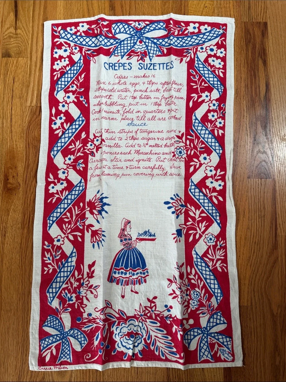 Carrie Wilson Crepes Suzette Vintage Recipe Linen Tea Towel in Red, Blue & White